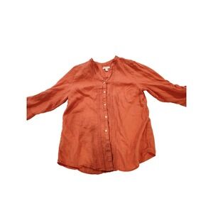 Charter Club Women's Coral 100% Linen Blouse‎ L Button Front Roll Tab Sleeve